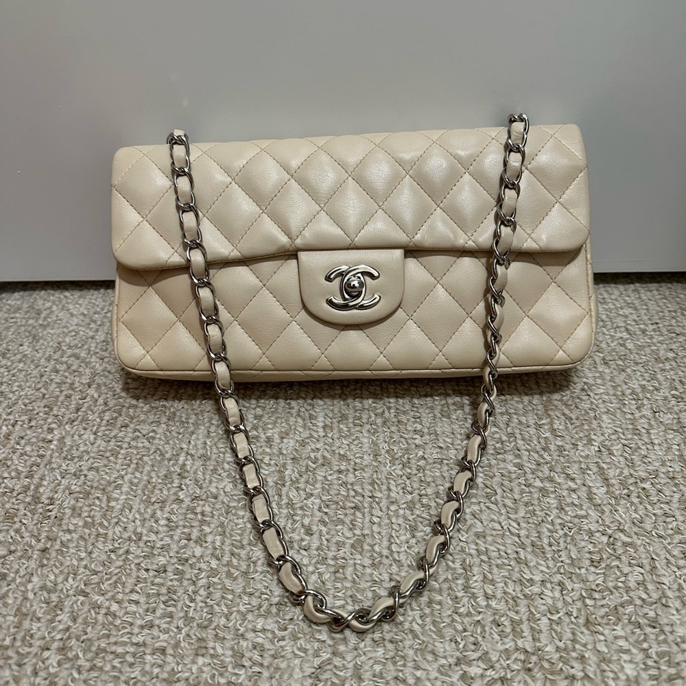 Chanel Classic Beige Caviar SHW Flap East West Shoulder Bag Leather